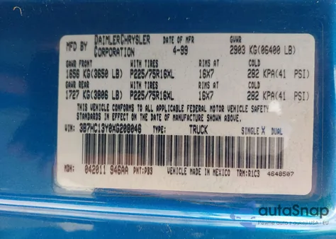 1999 Dodge Ram 1500 St из США, поврежденный, VIN 3B7HC13Y0XG208046